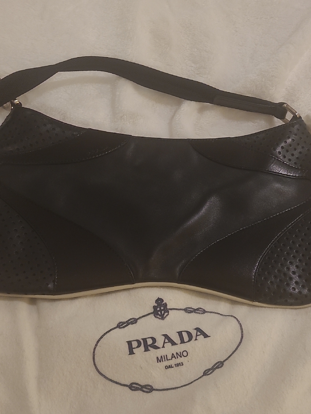 Prada Black Leather Vitello Drive Shoulder Bag with Perforated Accents